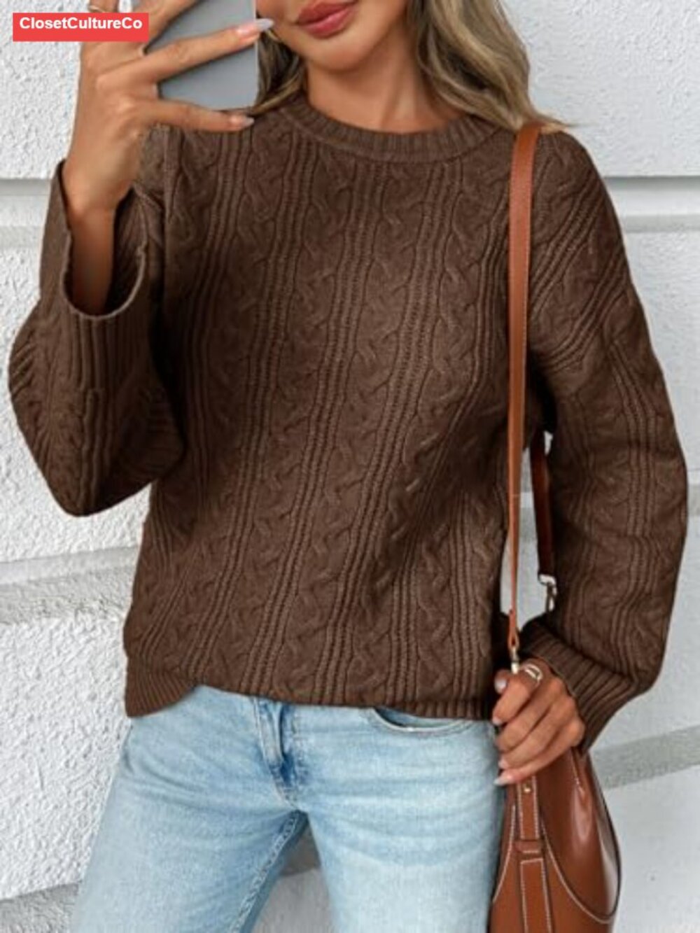Cable Knit Sweater Oversized Long Sleeve Crew Neck Chunky Pullover - Picture 2 of 5